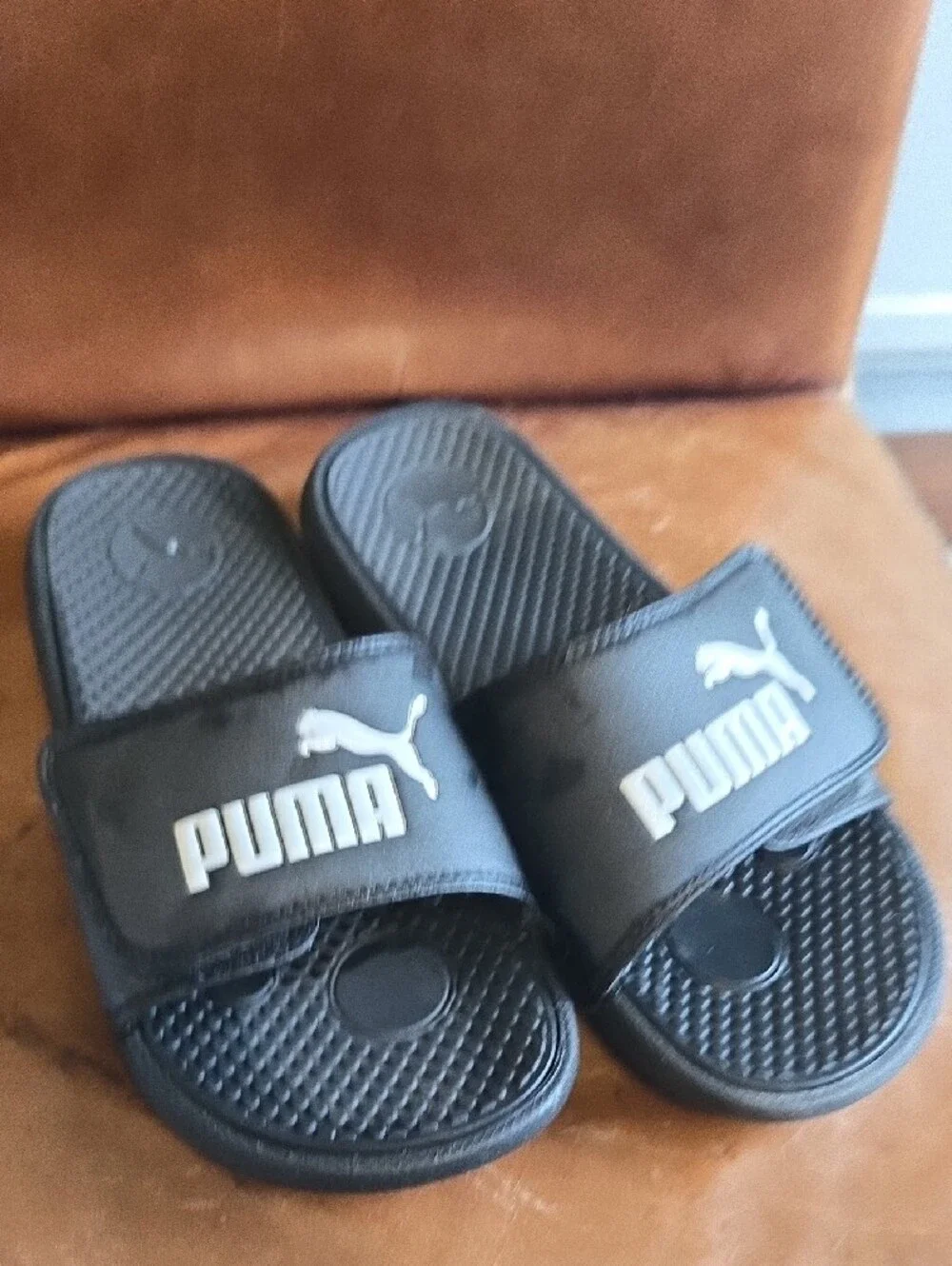 Puma Black Kids Adjustable Size 5 Slide Sandals with White Logo
